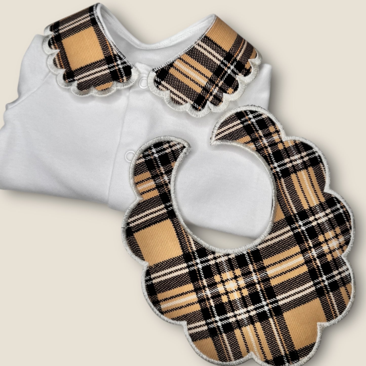 Tartan Beige Personalised Sleepsuit Collar