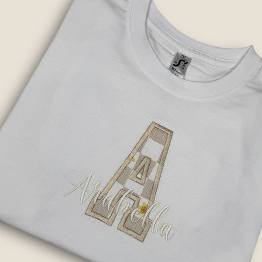 Check Beige Sunflower Initial Personalised T-Shirt