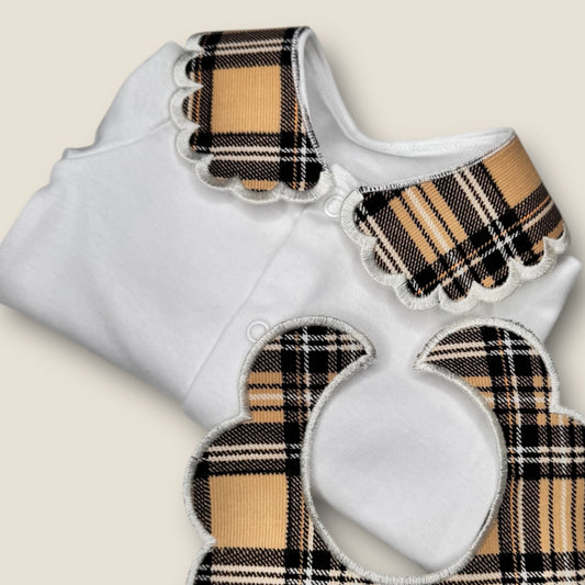 Tartan Beige Personalised Sleepsuit Collar